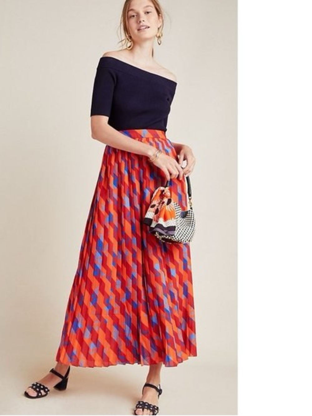 Siddhartha Bansal Women’s Pleated Geometric Motif High Waisted Maxi Skirt. Sz 8